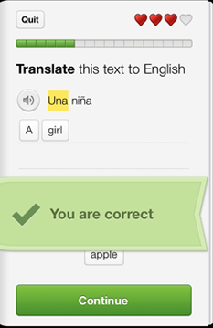 Duolingo mobiiliin kielen oppimiseen